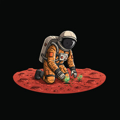 Illustration of an astronaut planting seeds on a barren planet, isolated on black background
