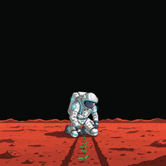 Illustration of an astronaut planting seeds on a barren planet, black background