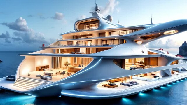 Luxury yacht with modern architecture and spacious decks, illuminated at dusk, showcasing elegant design and tranquil ocean surroundings