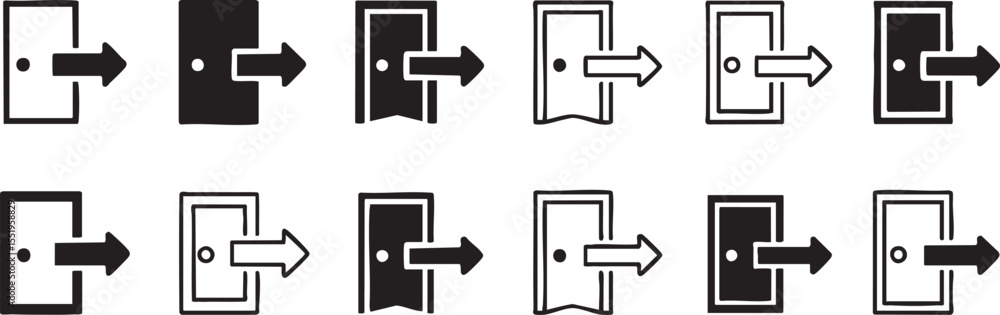 Poster versatile exit door icon set for website navigation and user interface design, featuring arrow symbo