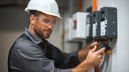 Professional electrician checking electrical connections in a commercial building system