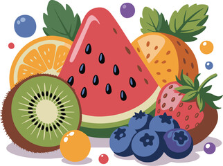 Vibrant Fruit Medley Illustration Featuring Watermelon, Kiwi, Orange, Strawberry, and Blueberries for Healthy Eating and Nutrition-Themed Designs