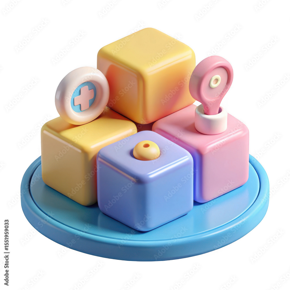 Poster 3d colorful cubes and icons composition isolated on transparent background