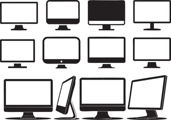 Sleek Computer Monitor Icon Set for Technology and Business Presentations, Featuring Various Screen Styles and Display Angles for Modern Designs