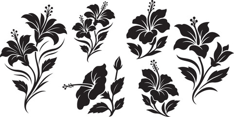 Hibiscus flower collection elegant black and white, Floral design set for tropical themes