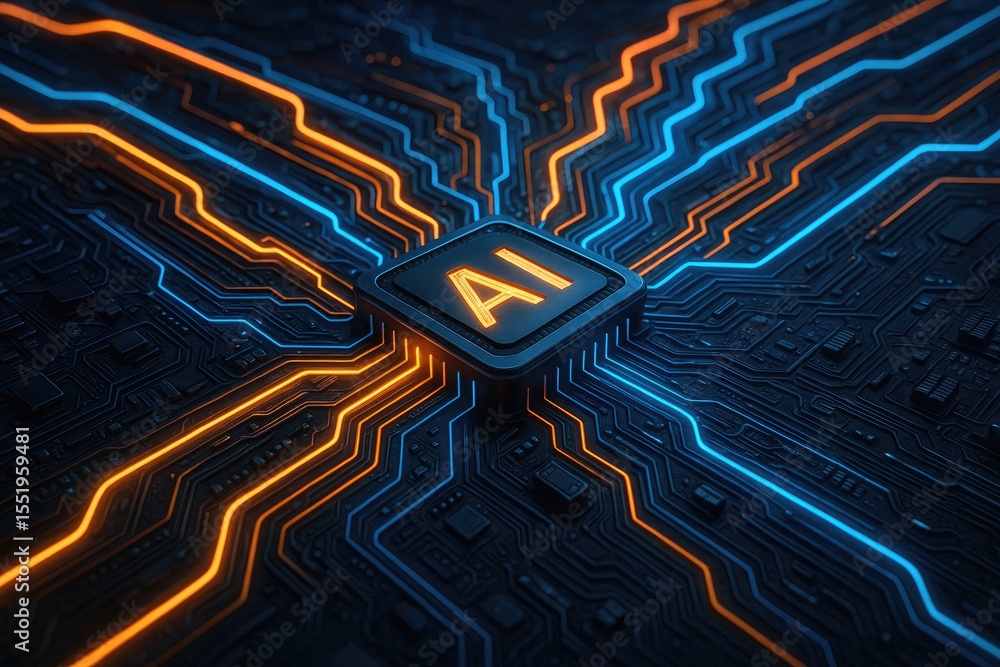 Poster glowing orange and blue circuit board with central ai processor cube artificial intelligence 1