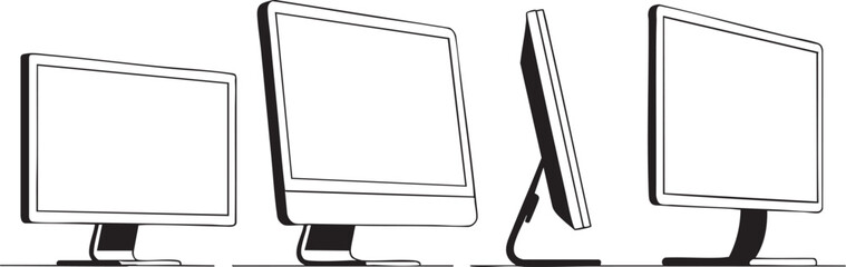 Computer Monitor Set in Various Angles - Vector Line Art Illustration for Technology, Office Equipment, and Display Devices - Modern and Sleek Design