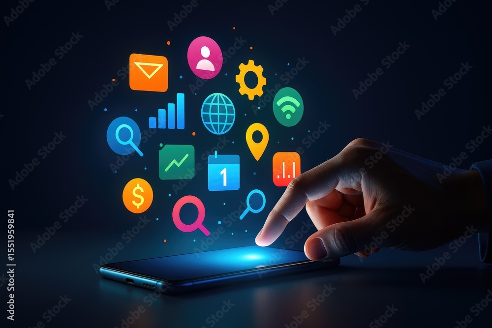 Poster hand interacting with smartphone displaying colorful app icons digital technology interface