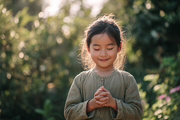Young Asian girl smiling softly in sunlit garden with blurred greenery