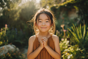 Young Asian girl smiling softly in sunlit garden with blurred greenery