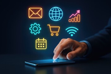 Hand Interacting with Smartphone Displaying Neon App Icons Global Network Shopping Calendar Email Settings Wifi Growth Chart