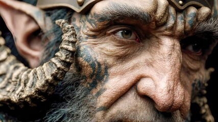 Close-up portrait of an elderly man with horns and tattoos, resembling a fantasy devil character with striking realism and intense gaze
