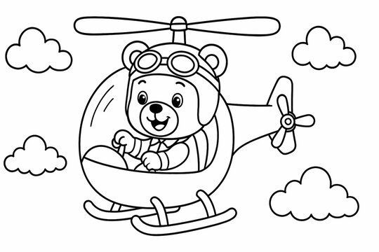 Adorable bear pilot flying a helicopter through the clouds, smiling and wearing aviator gear. Perfect for a fun and adventurous coloring activity for kids