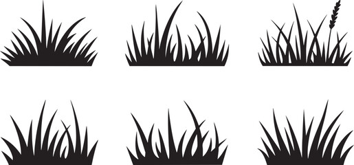 Tufts of Grass Silhouette Collection: Natural Meadow Elements for Landscape Design, Garden Illustrations, and Ecological Projects on a Black Background