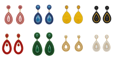 Colorful beaded drop earrings collage isolated on transparent background  