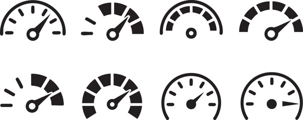Speedometer Gauge Icon Set: Performance Measurement Symbols for Dashboard Design, Progress Tracking, and Automotive Illustrations on a Black Backdrop