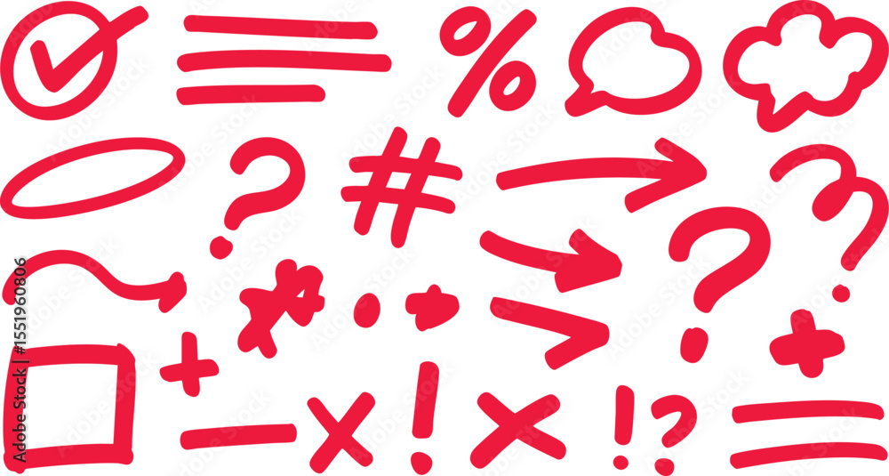 Poster bold red hand-drawn markings collection a set of attention-grabbing symbols arrows questions and mor