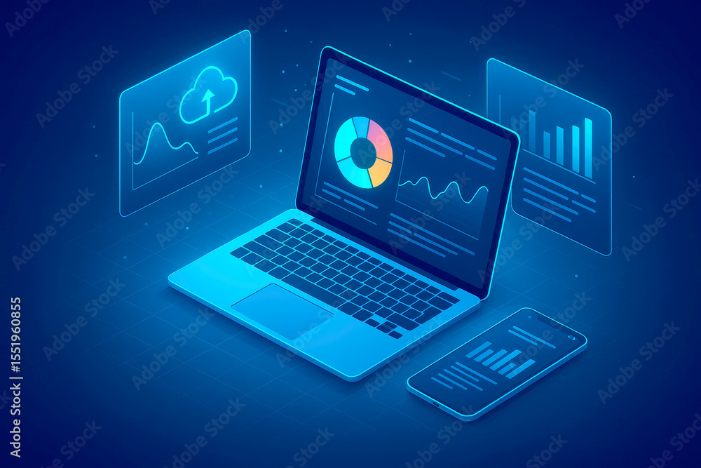 Poster isometric view of blue laptop displaying data charts graphs and smartphone with cloud upload icon