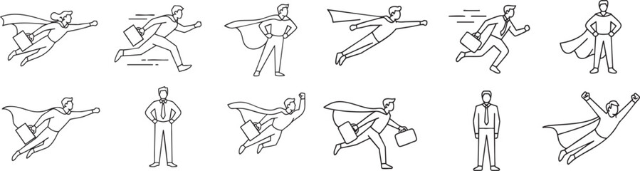 Superhero Businessman Action Poses: Dynamic Line Art Illustrations of Corporate Professionals with Capes on a Black Background for Design Projects