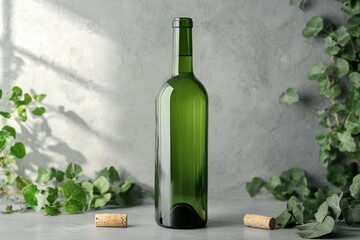 Elegant green glass wine bottle mockup featuring leaves and corks on a subtle grey background