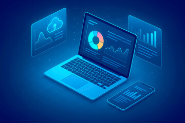 Isometric View of Blue Laptop Displaying Data Charts Graphs and Smartphone with Cloud Upload Icon