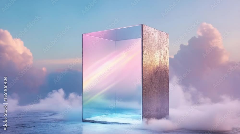 Poster Enigmatic Cube in the Sky: A glass cube hovers amidst ethereal clouds, its reflective surfaces capturing the soft hues of the sky, creating an otherworldly, contemplative atmosphere. 