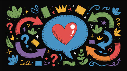 Heartfelt Communication Doodle with Arrows and Foliage A Vibrant Vector Illustration of a Heart in a Speech Bubble Surrounded by Arrows, Plants, and Geometric Shapes