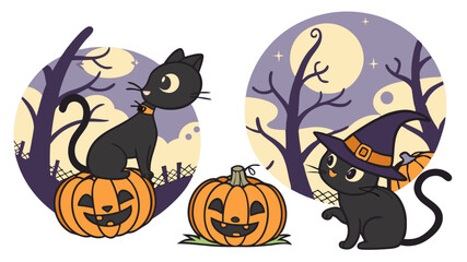 Cute black cats and jack o lanterns on a spooky halloween night
