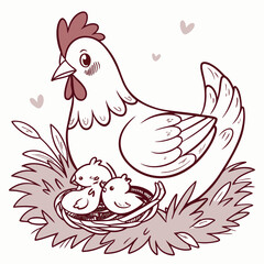 Adorable hen and chicks nestled together in a cozy nest
