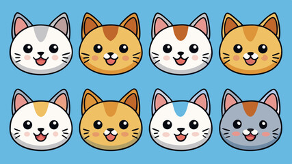 Collection of eight adorable cartoon cat faces with various color patterns