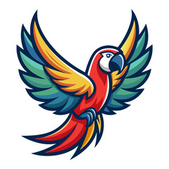 Vibrant macaw parrot flying with wings spread wide in cartoon style