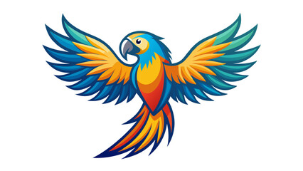 Vibrant blue and yellow macaw parrot in flight with spread wings