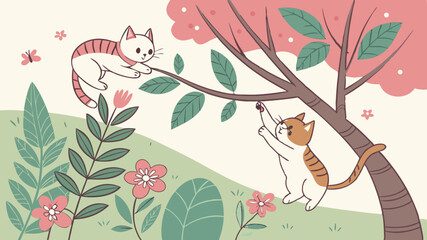 Two playful kittens climbing a tree in a vibrant spring garden