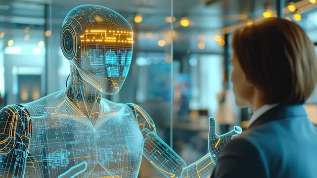Modern office scene where a business woman interacts with an agentic AI colleague, representing the future of work, robotics, and autonomous machine intelligence in a high tech environment.