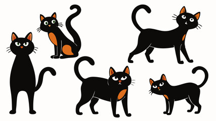 Five adorable black cats with orange accents in various poses