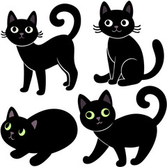 Fototapeta premium Four adorable cartoon black cats in different poses and expressions