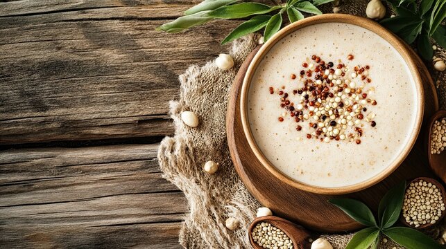 Creamy Quinoa Milk Drink on Rustic Wooden Background: Healthy Beverage Close-Up with Organic Appeal