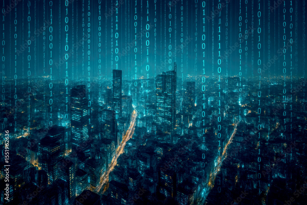 Poster night cityscape aerial view teal binary code overlay illuminated buildings image