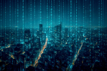 Night Cityscape Aerial View Teal Binary Code Overlay Illuminated Buildings image