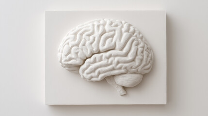 3D bas relief of a human brain made of white cement on a white background.