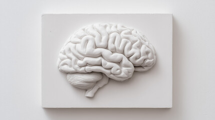 3D bas relief of a human brain made of white cement on a white background.