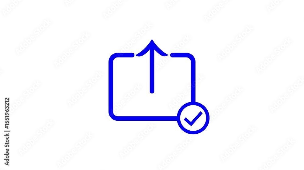 Poster simple blue upload icon with upward arrow inside a square outline on a white background