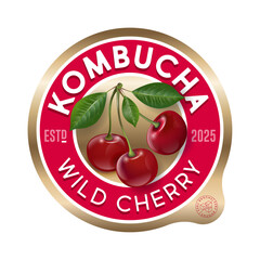 Kombucha label. Wild Cherry flavor. Circle label for refresh drink with letters and berries inside.