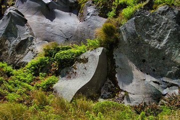 Smooth, eroded volcanic rock and low alpine vegetation  slopes of the volcano Taranaki on North Island, New Zealand.
