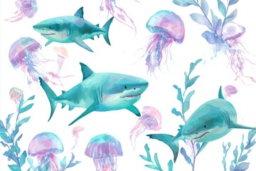 Vibrant Shark and Jellyfish Seamless Pattern Illustration