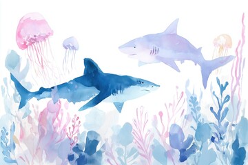 Minimalist Ocean Illustration with Sharks and Seaweed