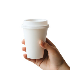 Hand holding white paper coffee cup isolated on transparent background