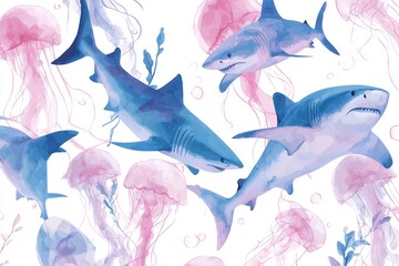 Dynamic Shark and Jellyfish Underwater Scene Illustration