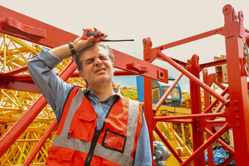 Senior foreman overseeing large construction site sits down rest exhausted from hot weather thirsty...