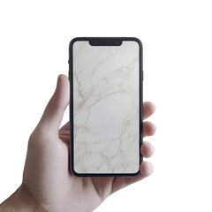 Hand holding smartphone with marble background isolated on transparent background